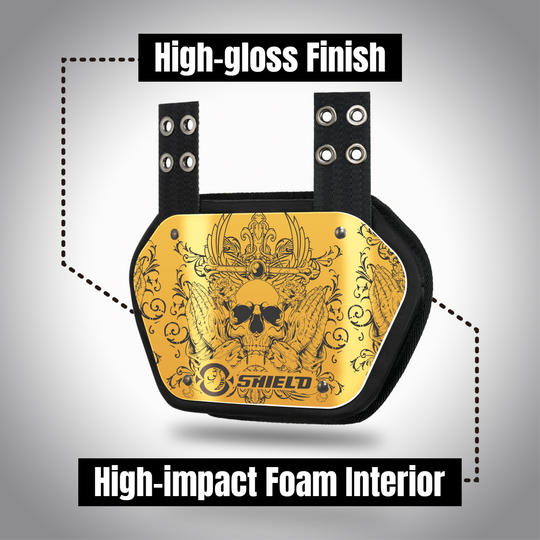 O Shield Angels & Demons Golden Chrome Football Back Plate, Lower Back Pads for Football Players, Rear Protector, Universal Fit