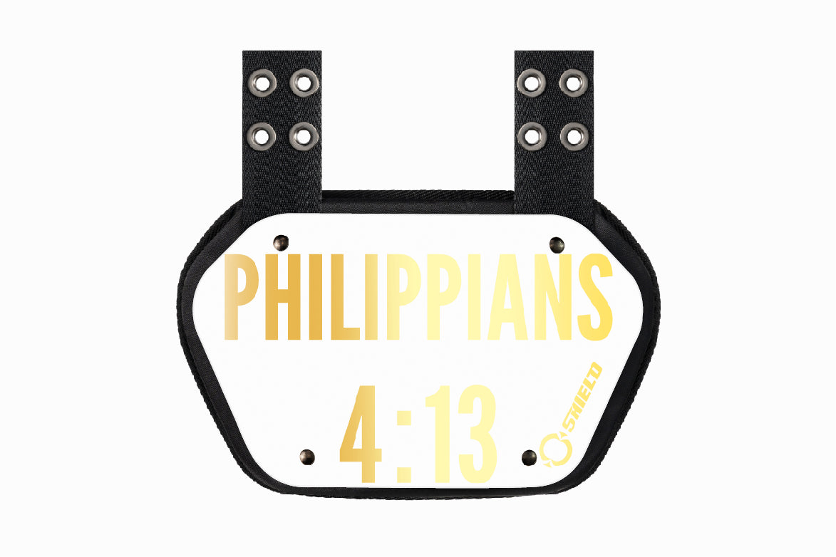 O Shield PHILIPPIANS 4:13 Gold Chrome Football Back Plate – White