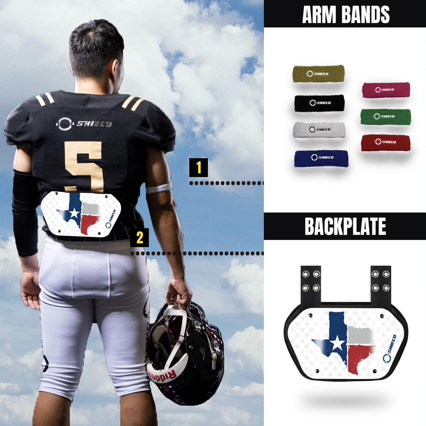 O Shield State of ‎Texas 2.0 Football Back Plate, Lower Back Pads for Football Players, Rear Protector, Universal Fit