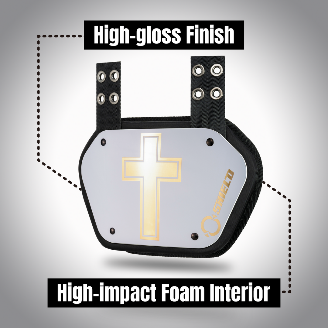 O Shield Golden Cross White Chrome Football Back Plate, Back Plate for Football, Lower Back Pads for Football Players, Rear Protector