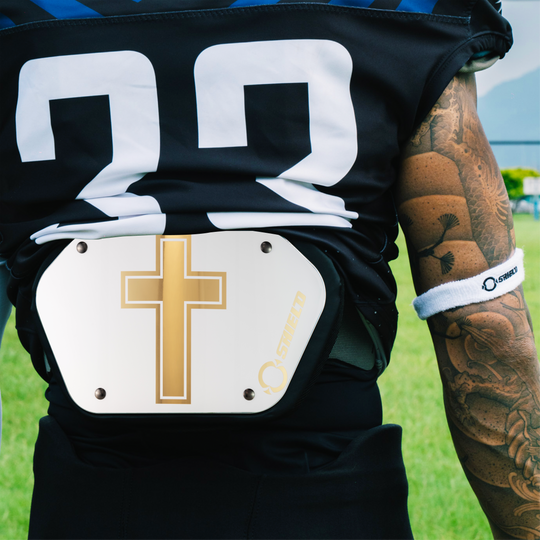 O Shield Golden Cross White Chrome Football Back Plate, Back Plate for Football, Lower Back Pads for Football Players, Rear Protector