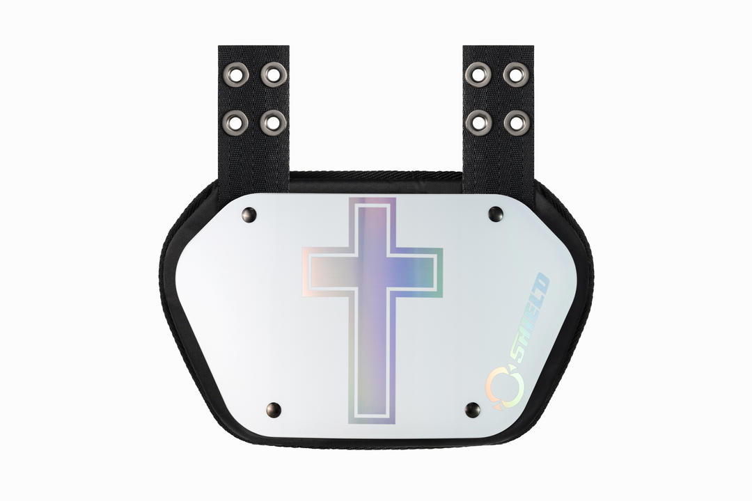 O Shield Holy Cross White Football Back Plate – Iridescent Cross – O ...