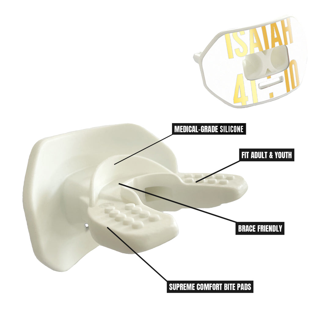 O Shield Vortex Series Football Mouthguard- ISAIAH 41:10 White