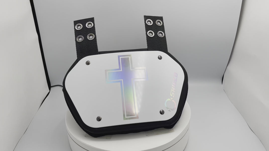 O Shield Holy Cross White Chrome Football Back Plate, Back Plate for Football, Lower Back Pads for Football Players, Rear Protector
