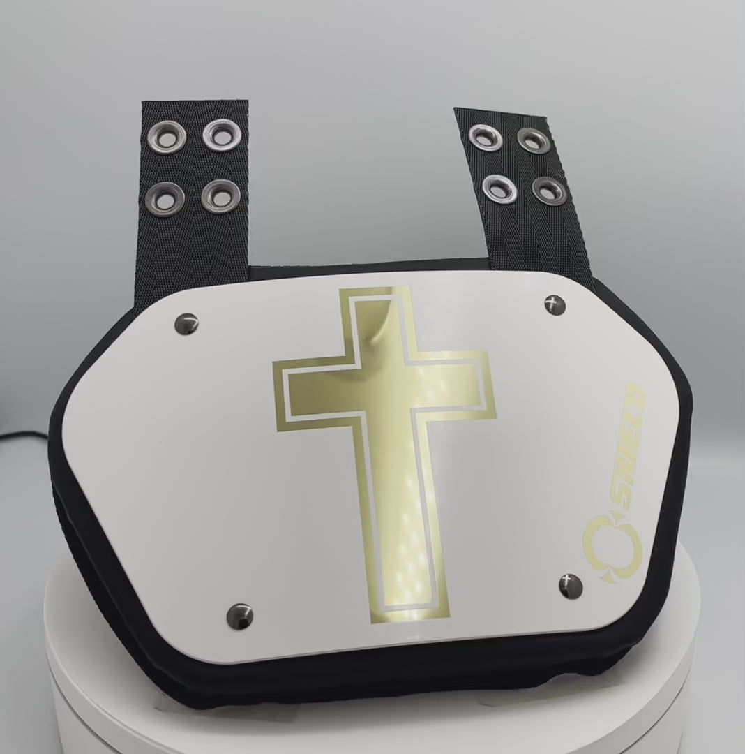 O Shield Golden Cross White Chrome Football Back Plate, Back Plate for Football, Lower Back Pads for Football Players, Rear Protector